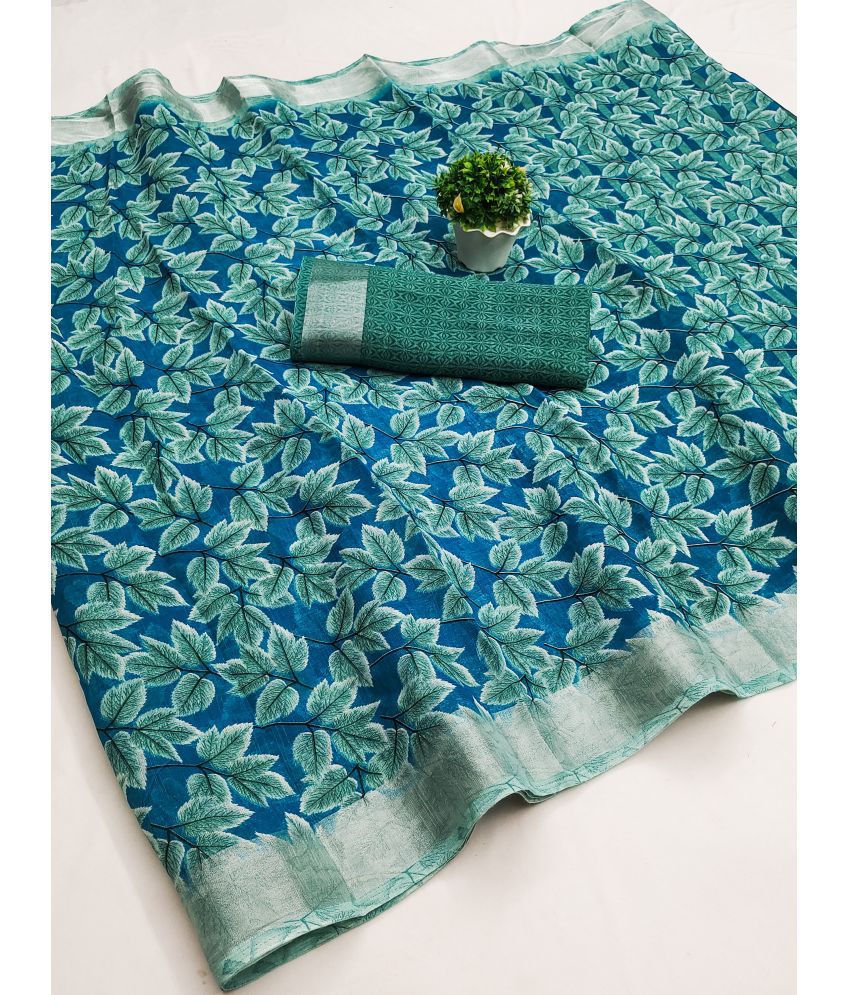     			HEMA SILK MILLS Linen Printed Saree With Blouse Piece - Rama ( Pack of 1 )