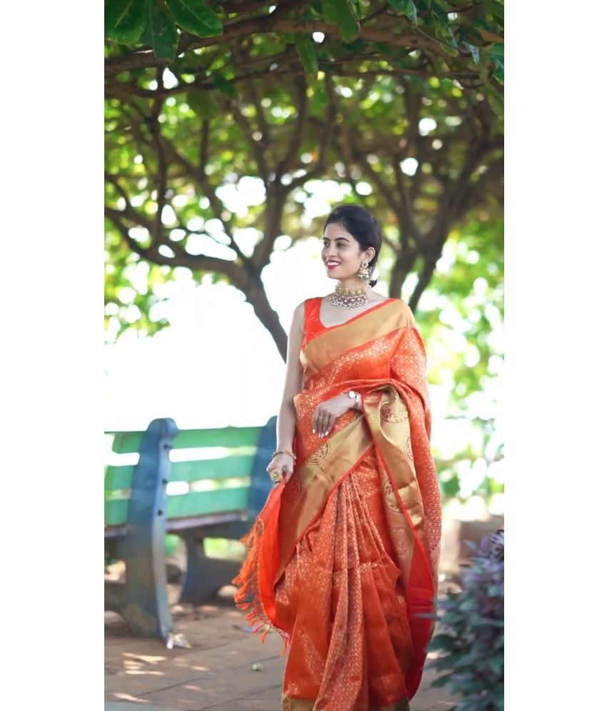     			MORLY Kanjivaram Embellished Saree With Blouse Piece - Orange ( Pack of 1 )