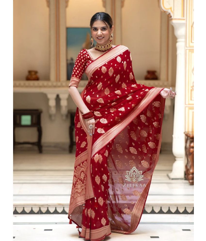     			MORLY Kanjivaram Embellished Saree With Blouse Piece - Red ( Pack of 1 )