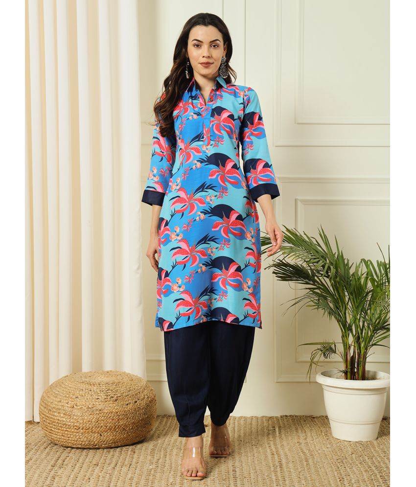     			gufrina Polyester Printed Kurti With Pants Women's Stitched Salwar Suit - Navy ( Pack of 1 )