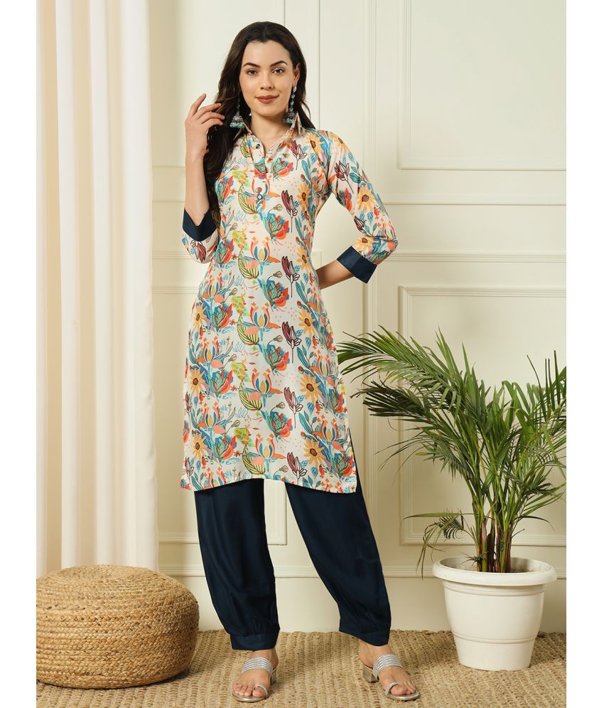     			gufrina Polyester Printed Kurti With Pants Women's Stitched Salwar Suit - Cream ( Pack of 1 )