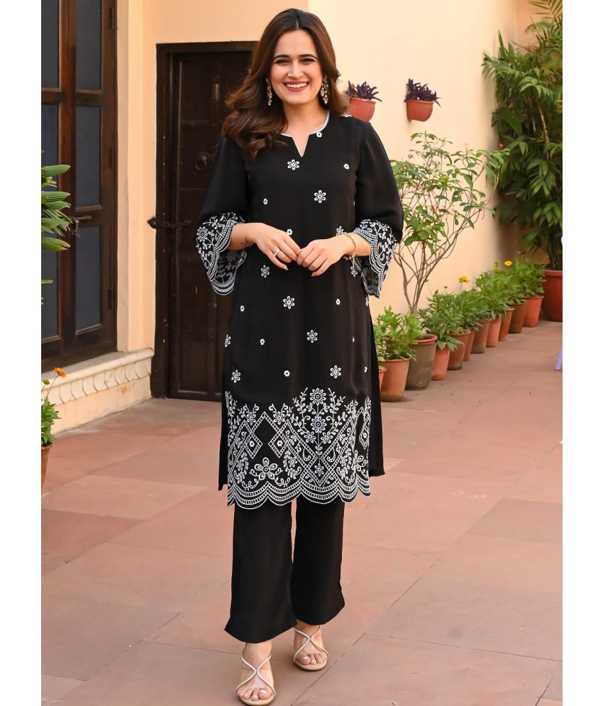     			kedar fab Rayon Printed Kurti With Pants Women's Stitched Salwar Suit - Black ( Pack of 1 )