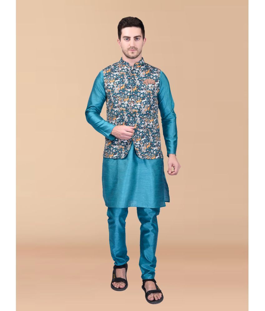     			PRINTCULTR Blue Silk Regular Fit Men's Kurta Pyjama Set ( Pack of 1 )