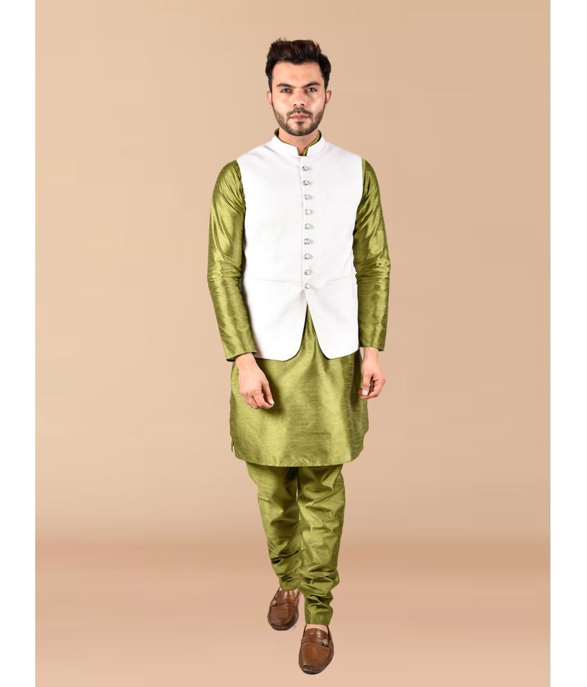     			PRINTCULTR Green Silk Regular Fit Men's Kurta Pyjama Set ( Pack of 1 )