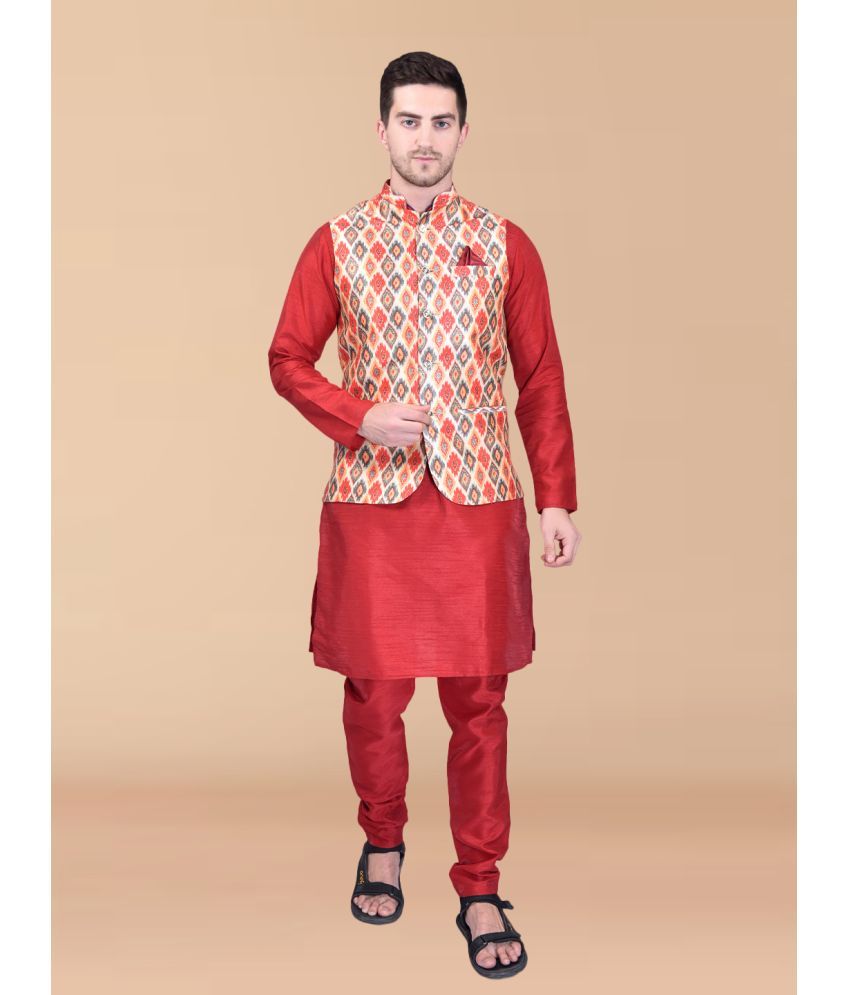     			PRINTCULTR Red Silk Regular Fit Men's Kurta Pyjama Set ( Pack of 1 )