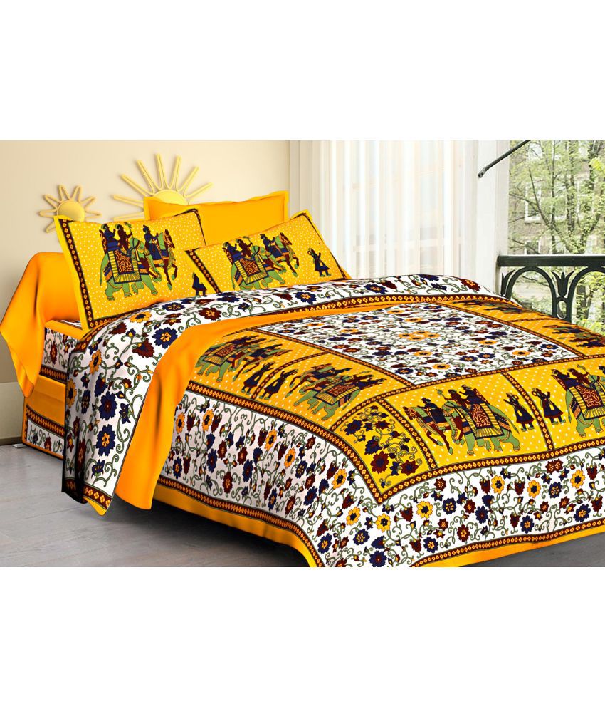     			Poorak Cotton Abstract Printed 1 Double Bedsheet with 2 Pillow Covers - Yellow