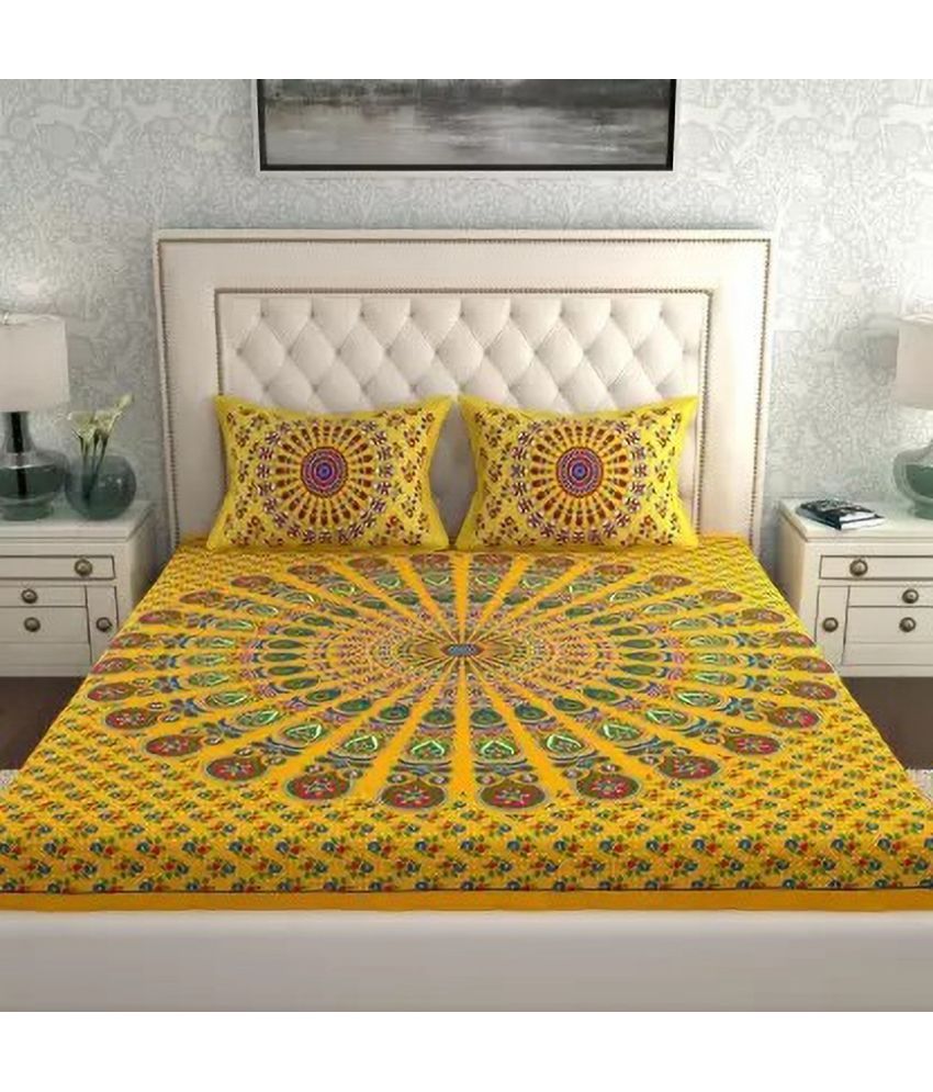     			Poorak Cotton Abstract Printed 1 Double Bedsheet with 2 Pillow Covers - Yellow