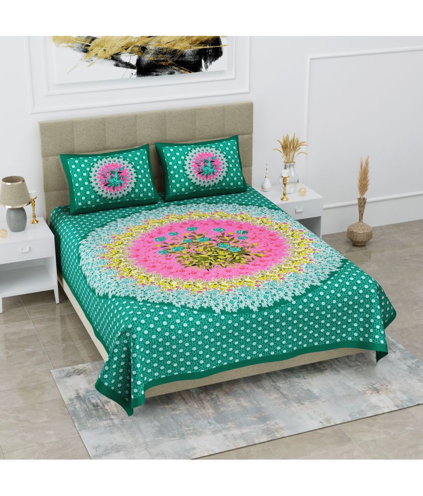     			Poorak Cotton Abstract Printed 1 Double Bedsheet with 2 Pillow Covers - Green