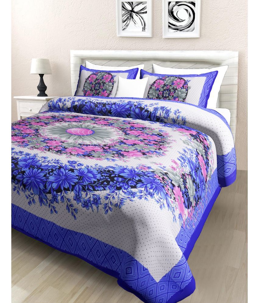     			Poorak Cotton Abstract Printed 1 Double Bedsheet with 2 Pillow Covers - Blue