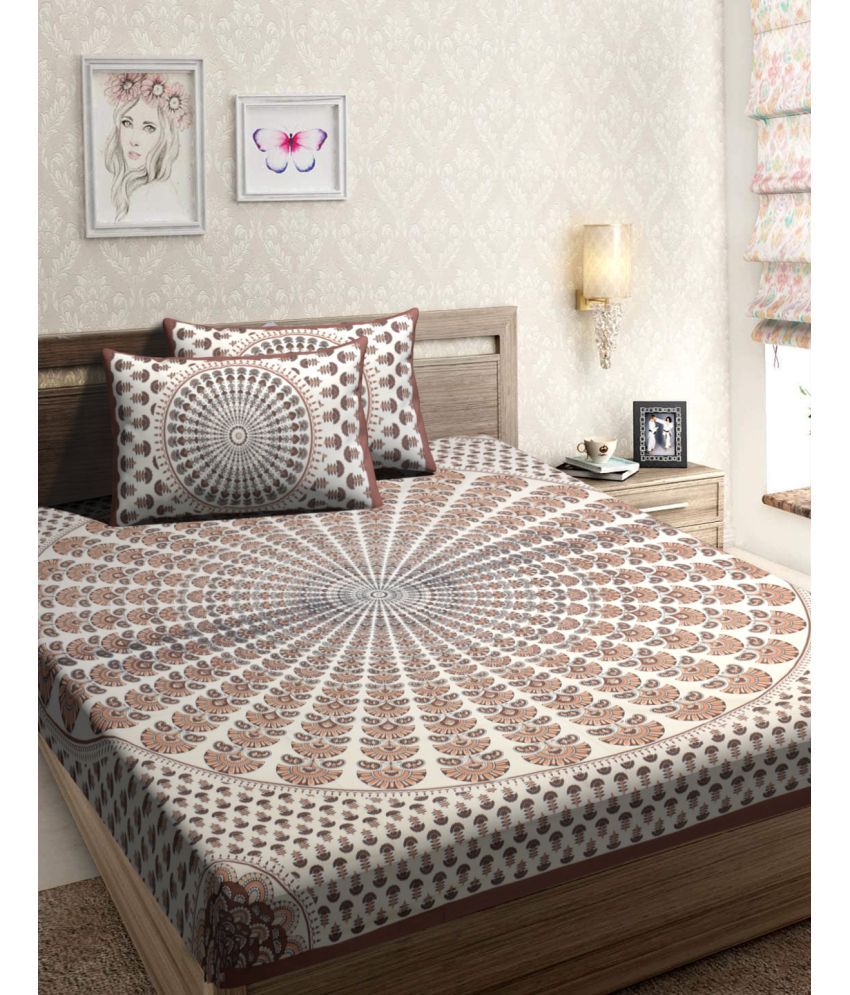     			Poorak Cotton Abstract Printed 1 Double Bedsheet with 2 Pillow Covers - Brown