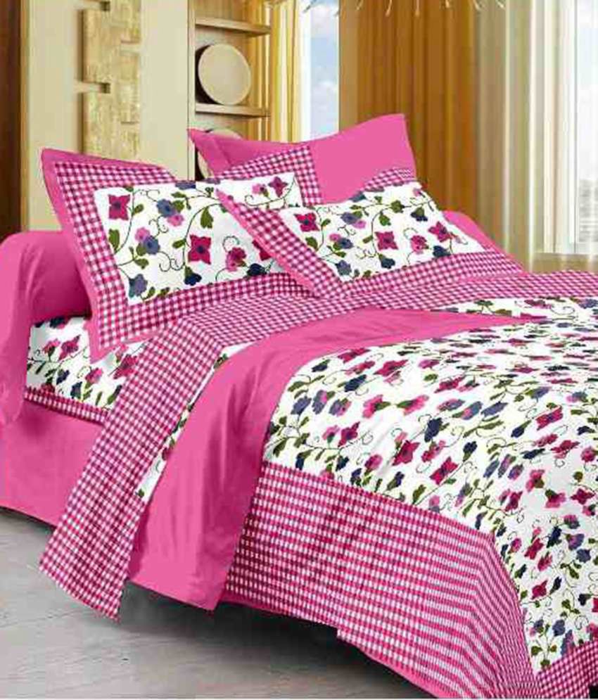     			Poorak Cotton Abstract Printed 1 Double Bedsheet with 2 Pillow Covers - Pink