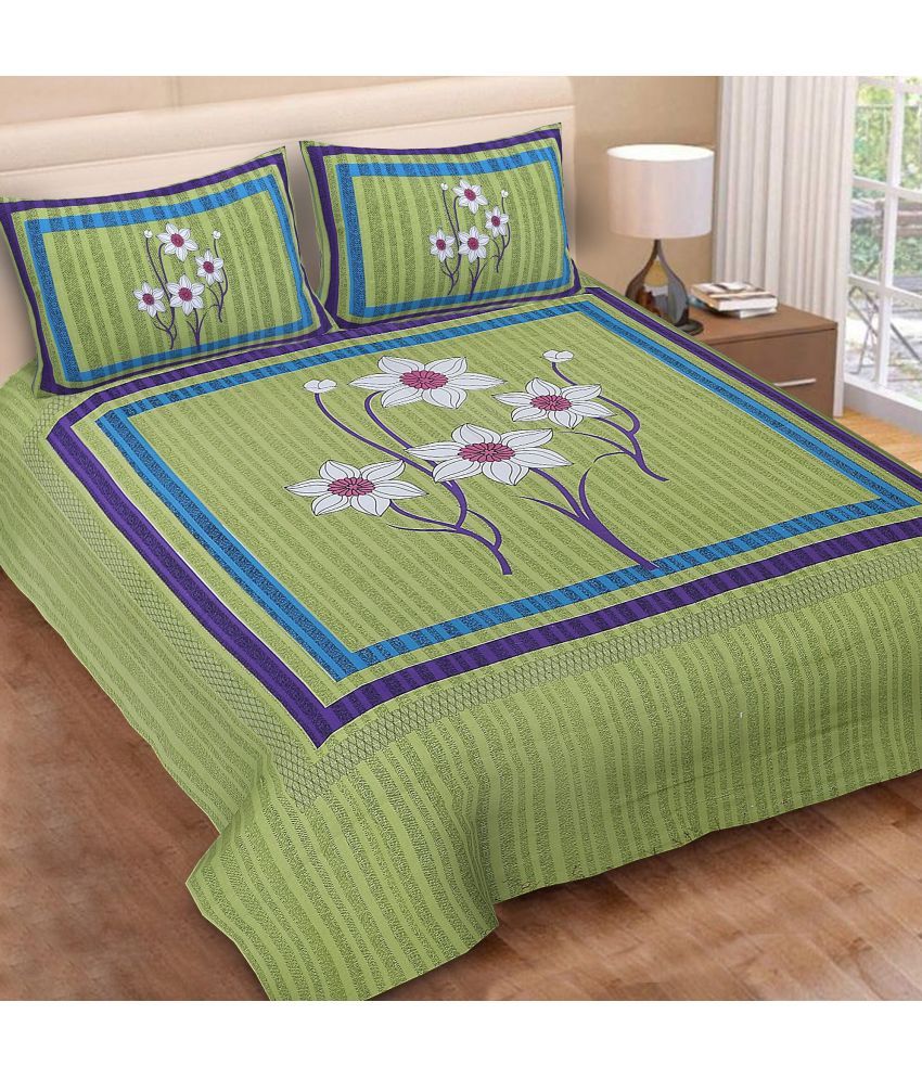     			Poorak Cotton Abstract Printed 1 Double Bedsheet with 2 Pillow Covers - Green