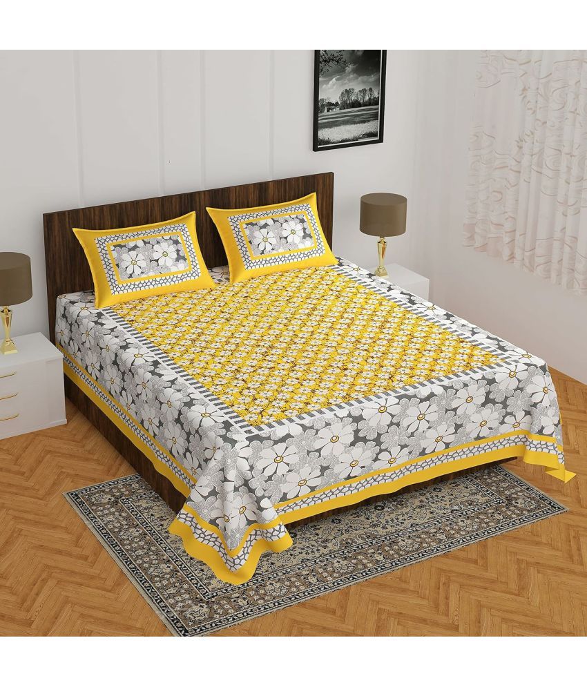     			Poorak Cotton Abstract Printed 1 Double Bedsheet with 2 Pillow Covers - Yellow