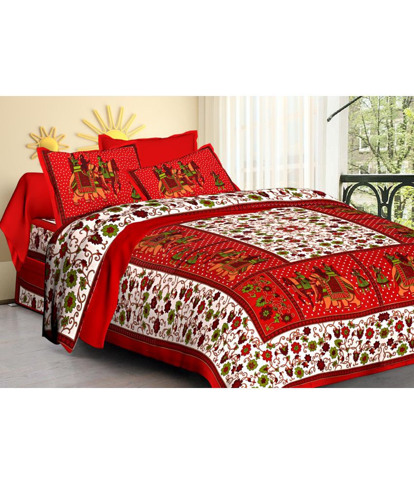     			Poorak Cotton Abstract Printed 1 Double Bedsheet with 2 Pillow Covers - Red