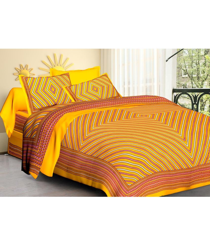     			Poorak Cotton Abstract Printed 1 Double Bedsheet with 2 Pillow Covers - Yellow