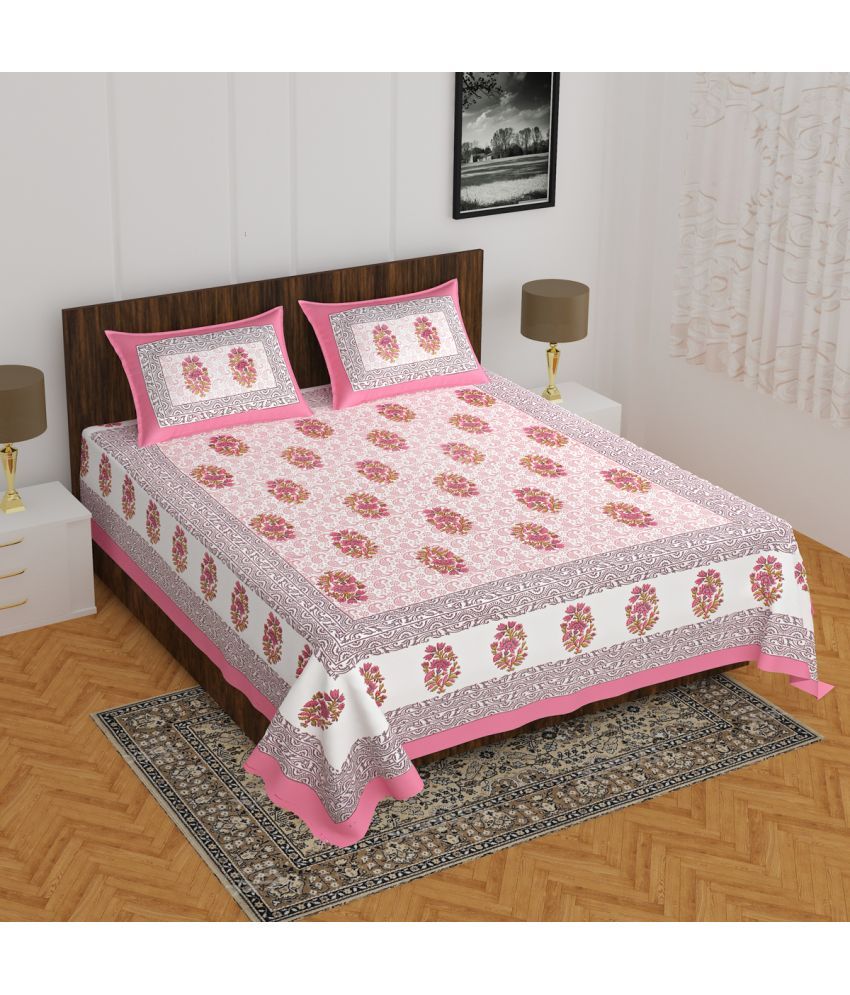     			Poorak Cotton Abstract Printed 1 Double Bedsheet with 2 Pillow Covers - Pink