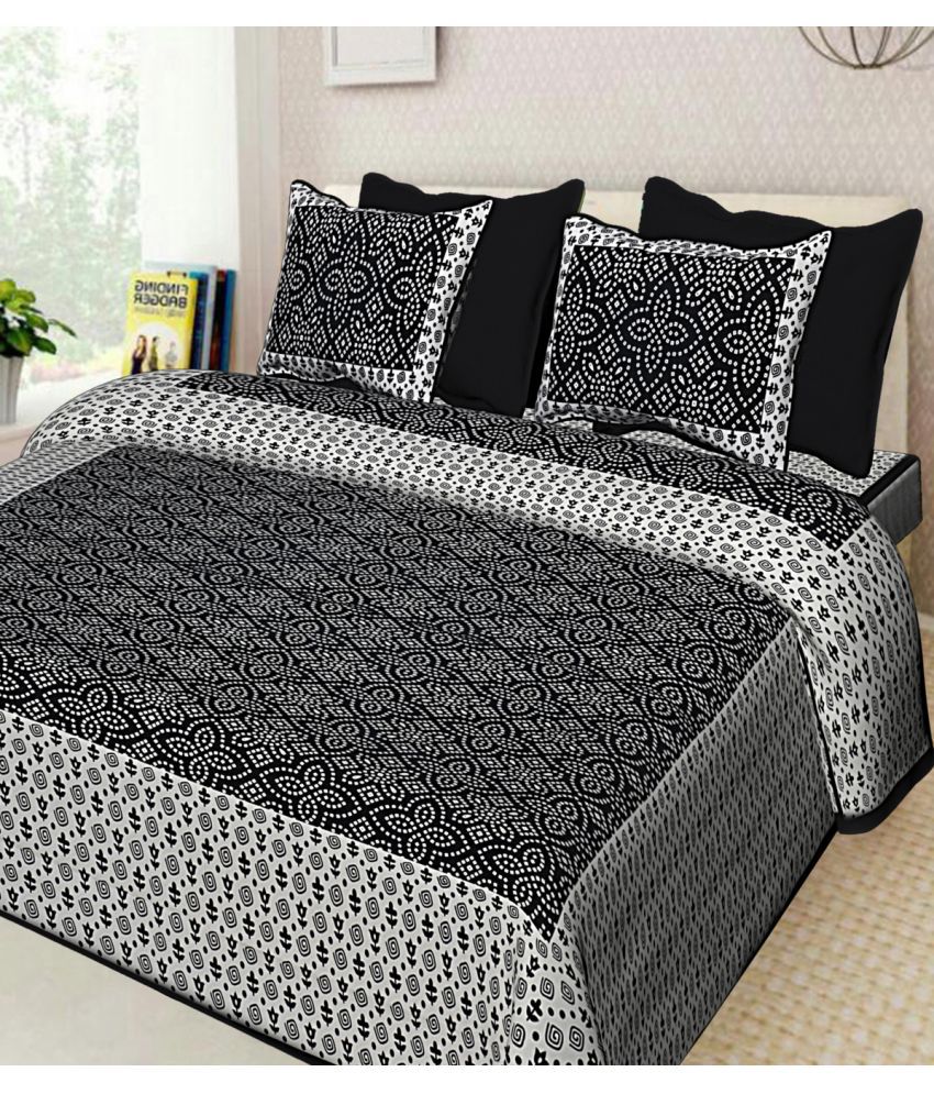     			Poorak Cotton Abstract Printed 1 Double Bedsheet with 2 Pillow Covers - Black