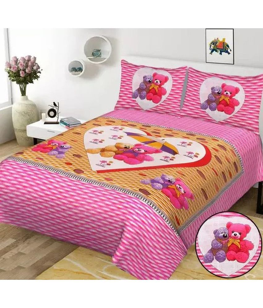     			Poorak Cotton Abstract Printed 1 Double Bedsheet with 2 Pillow Covers - Pink