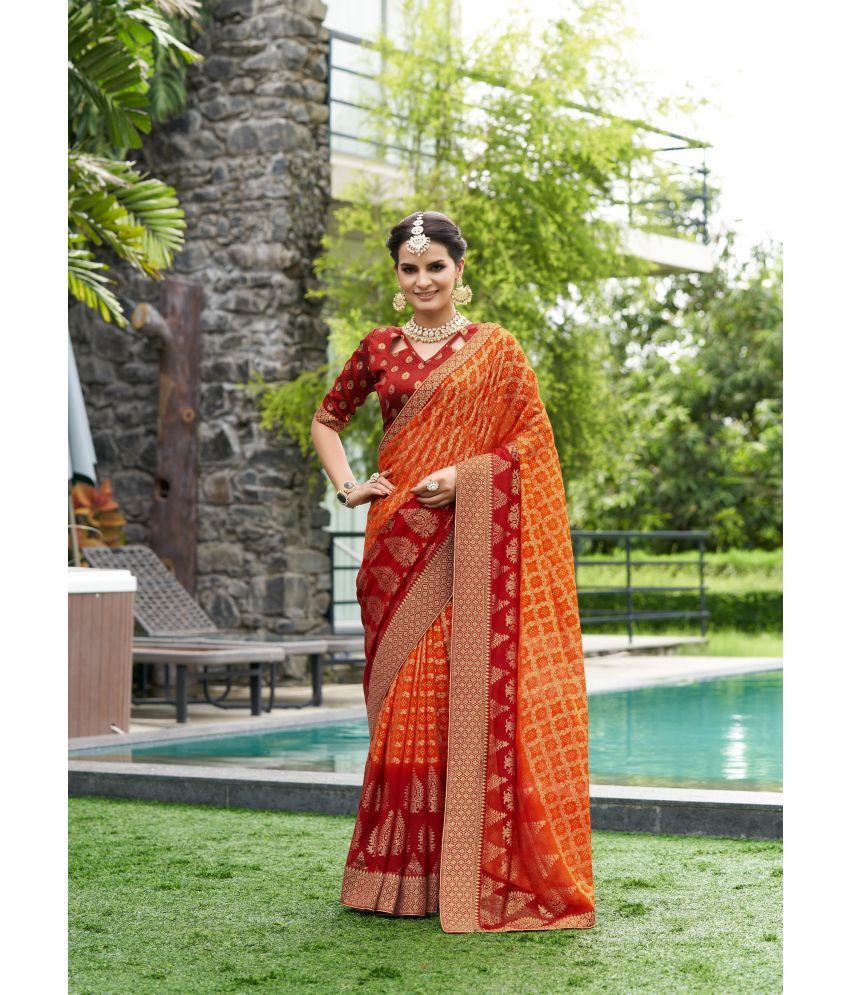     			Rekha Maniyar Georgette Printed Saree With Blouse Piece - Orange ( Pack of 1 )