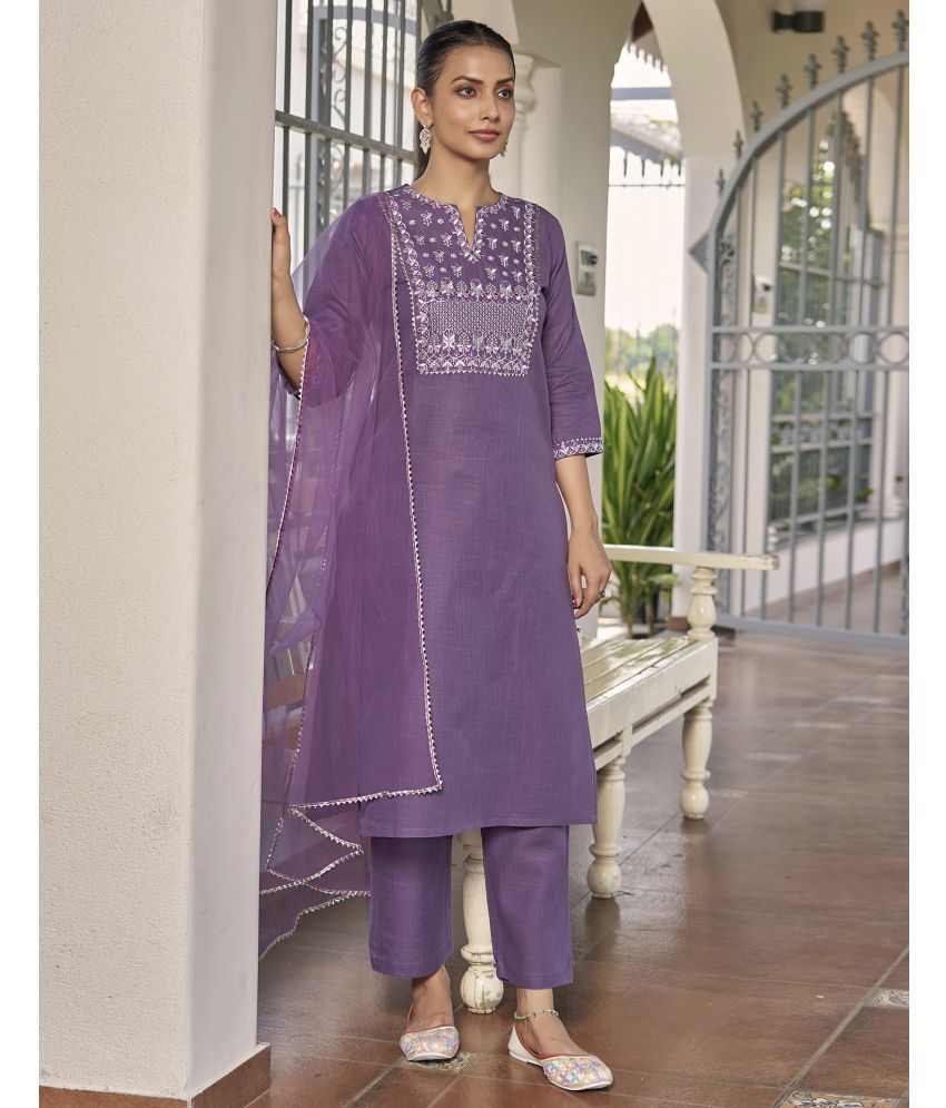     			Skylee Cotton Blend Embroidered Kurti With Pants Women's Stitched Salwar Suit - Lavender ( Pack of 1 )