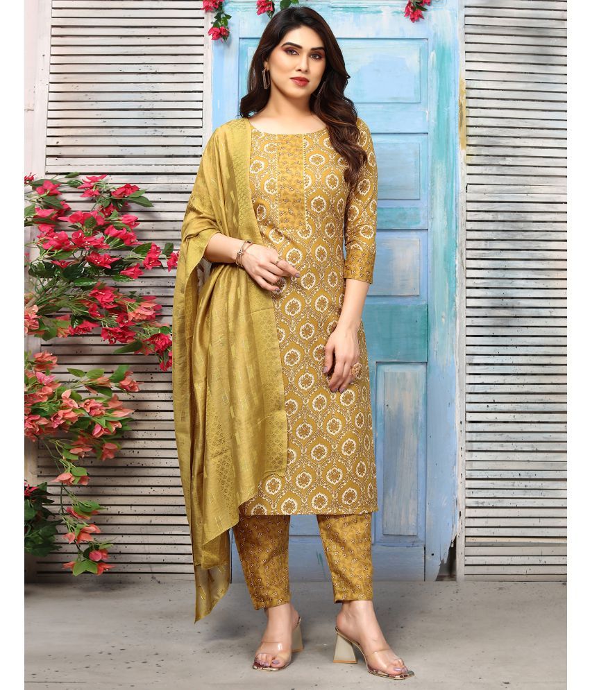     			Skylee Cotton Blend Printed Kurti With Pants Women's Stitched Salwar Suit - Mustard ( Pack of 1 )