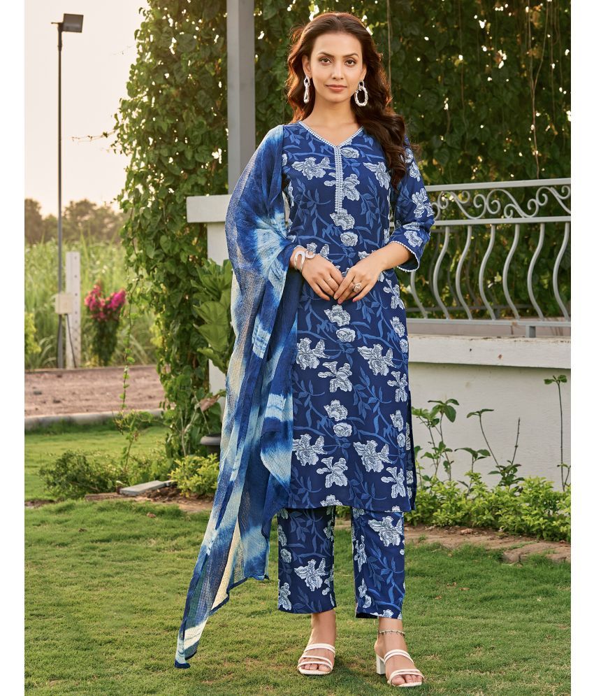     			Skylee Rayon Printed Kurti With Pants Women's Stitched Salwar Suit - Navy Blue ( Pack of 1 )