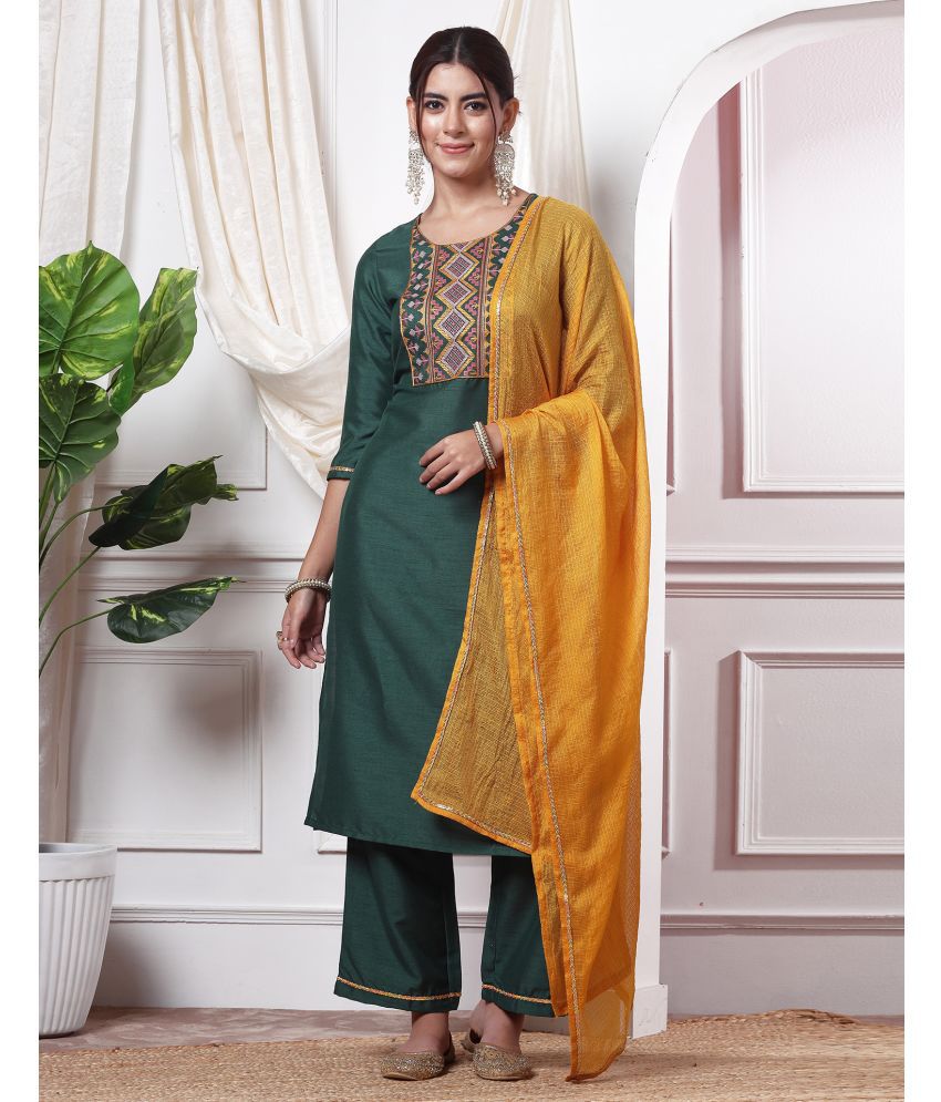     			Skylee Silk Embroidered Kurti With Pants Women's Stitched Salwar Suit - Green ( Pack of 1 )