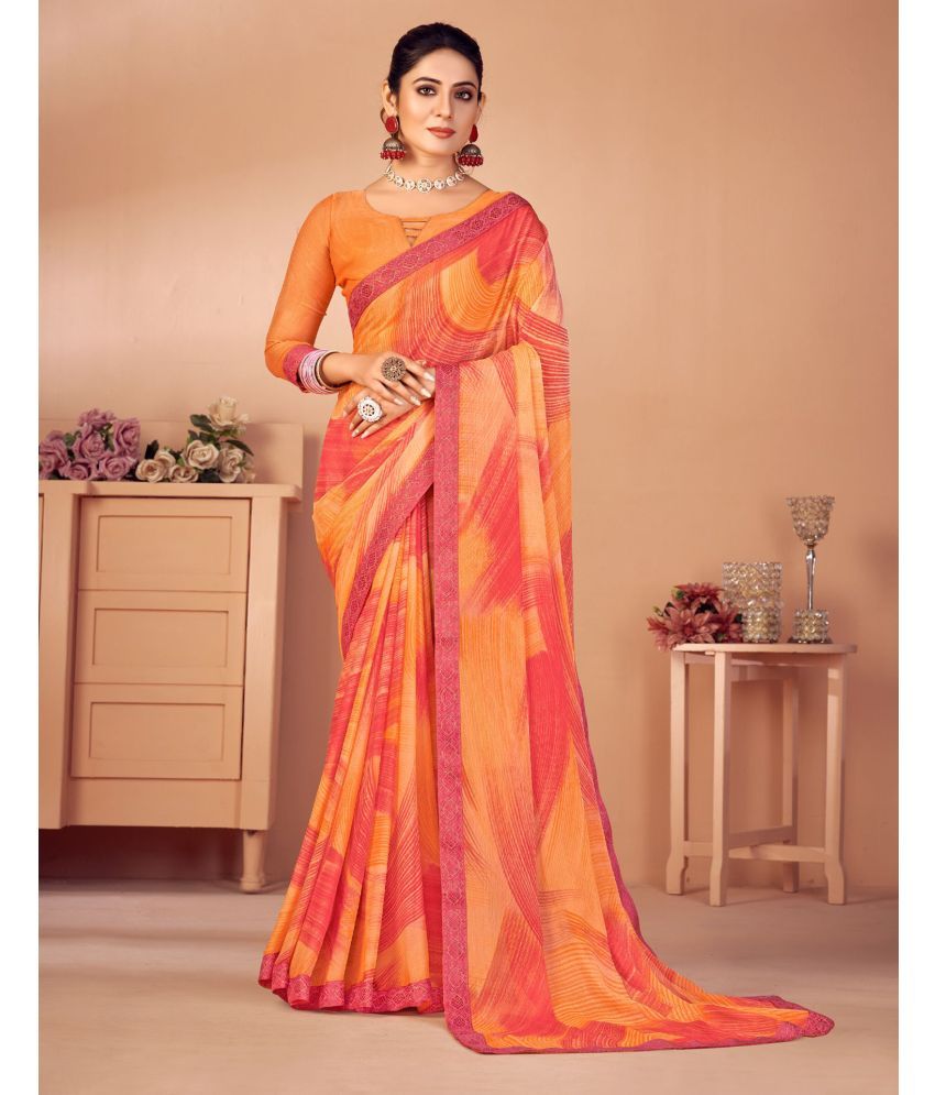     			Satrani Chiffon Printed Saree With Blouse Piece - Orange ( Pack of 1 )