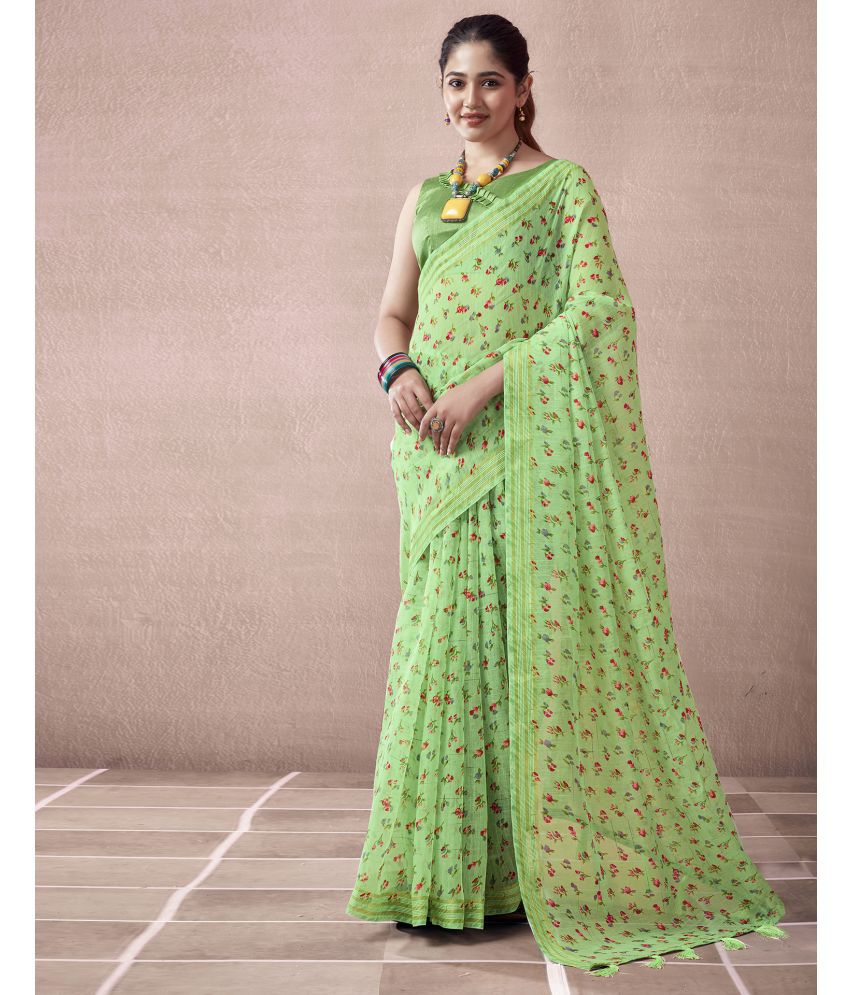     			Satrani Cotton Blend Printed Saree With Blouse Piece - Light Green ( Pack of 1 )