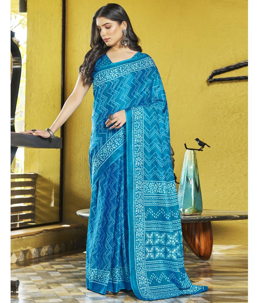     			Satrani Cotton Printed Saree With Blouse Piece - Blue ( Pack of 1 )