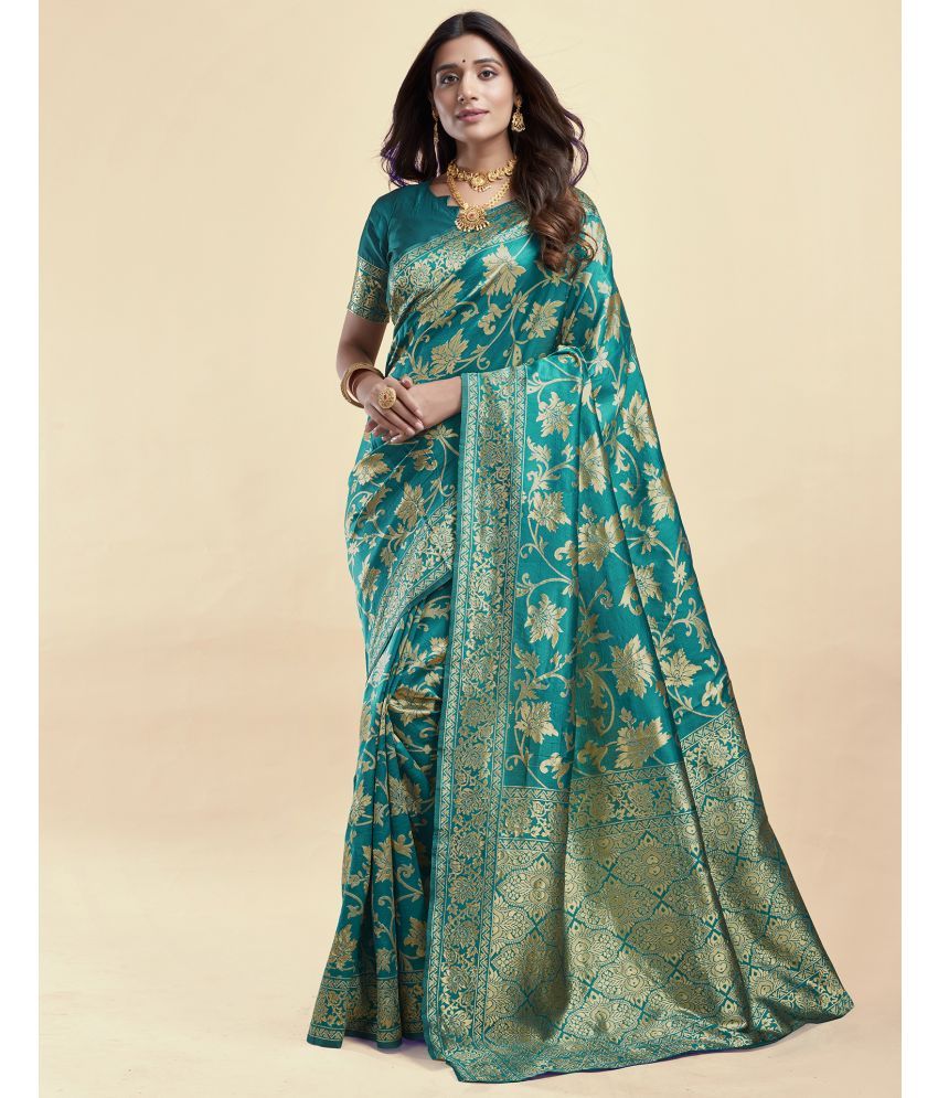     			Satrani Silk Woven Saree With Blouse Piece - Teal ( Pack of 1 )