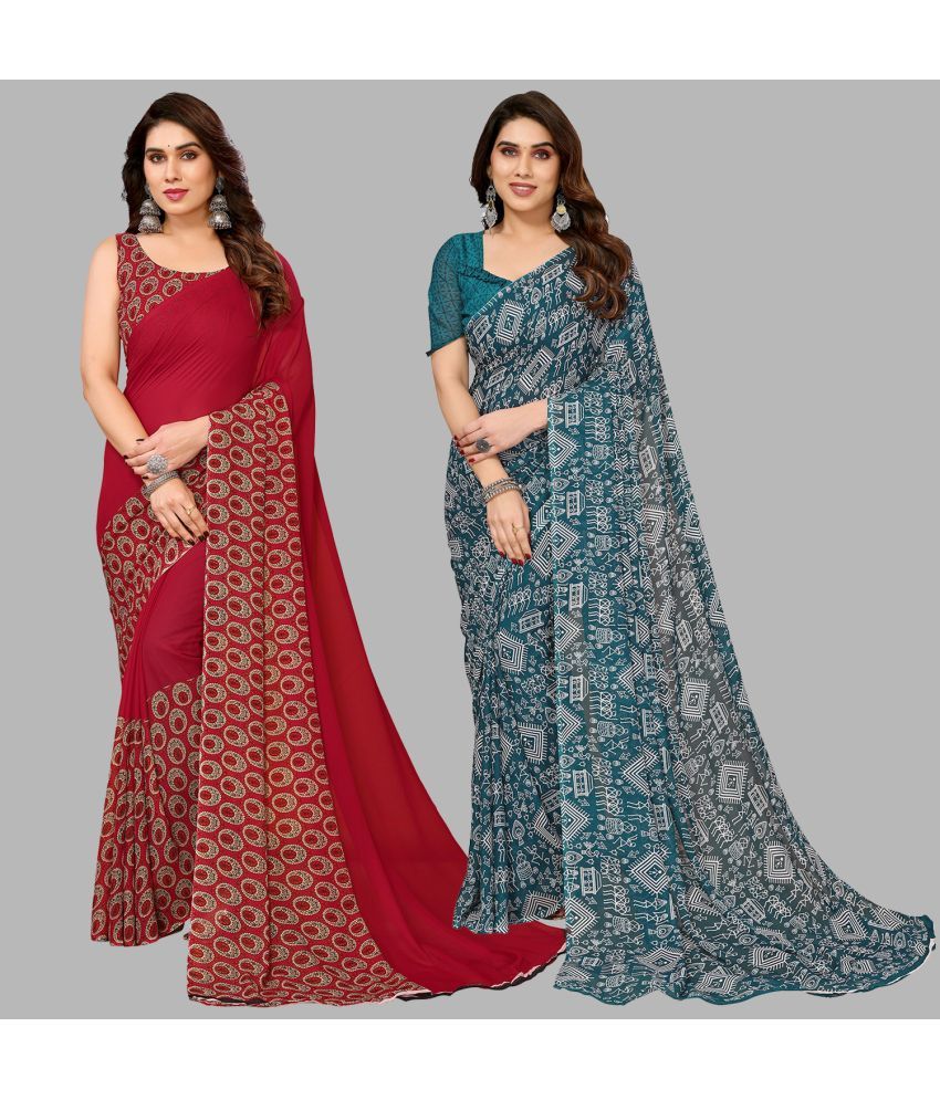     			Kashvi Sarees Georgette Printed Saree With Blouse Piece - Multicolour ( Pack of 2 )