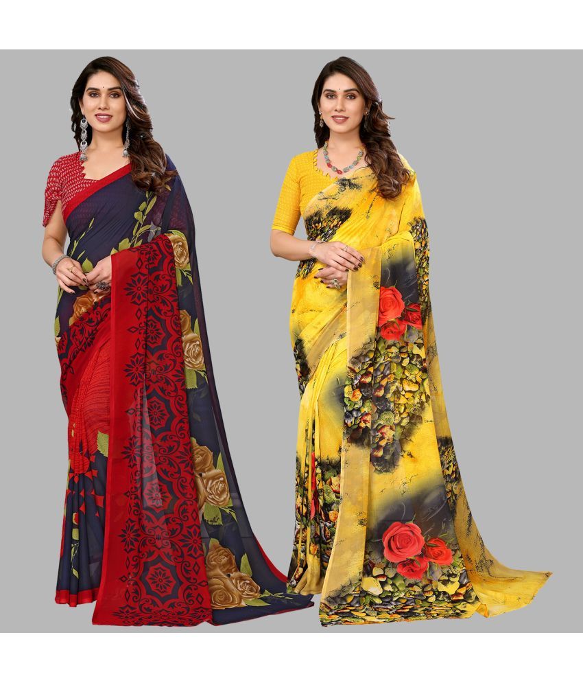     			Kashvi Sarees Georgette Printed Saree With Blouse Piece - Multicolour ( Pack of 2 )