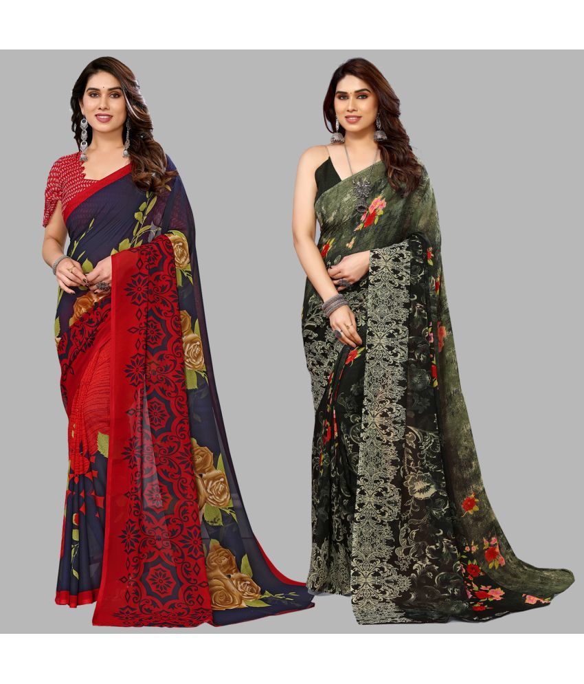     			Kashvi Sarees Georgette Printed Saree With Blouse Piece - Multicolour ( Pack of 2 )