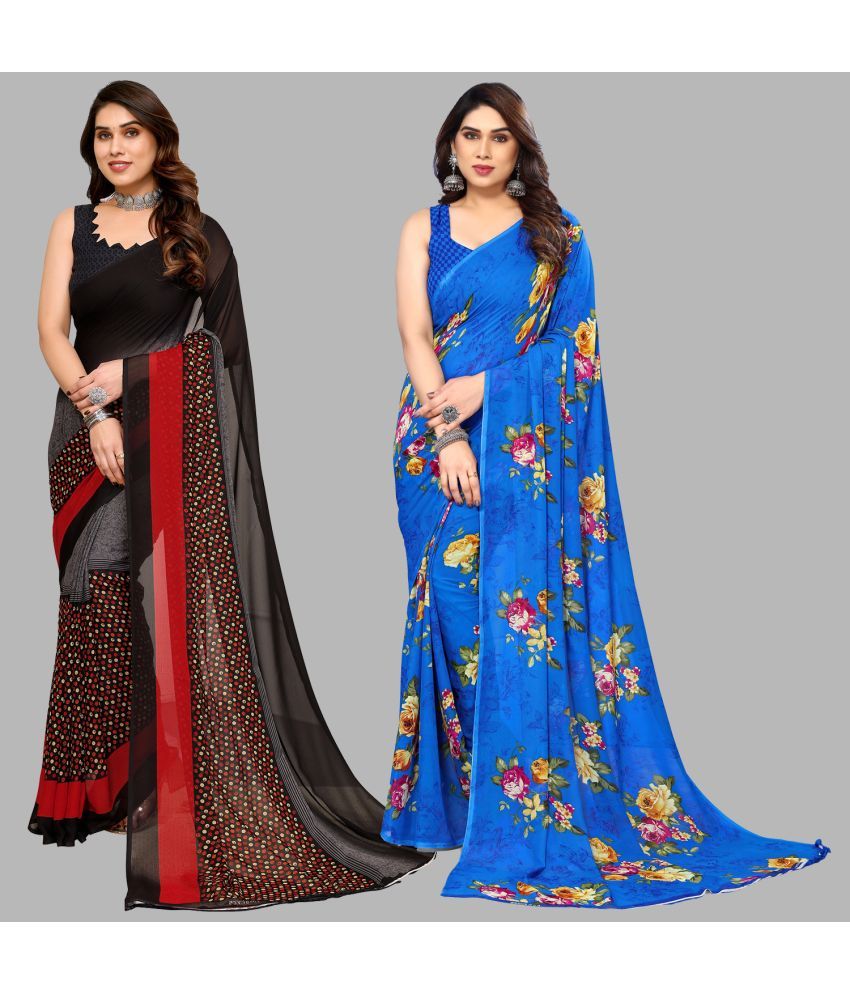     			Kashvi Sarees Georgette Printed Saree With Blouse Piece - Multicolour ( Pack of 2 )