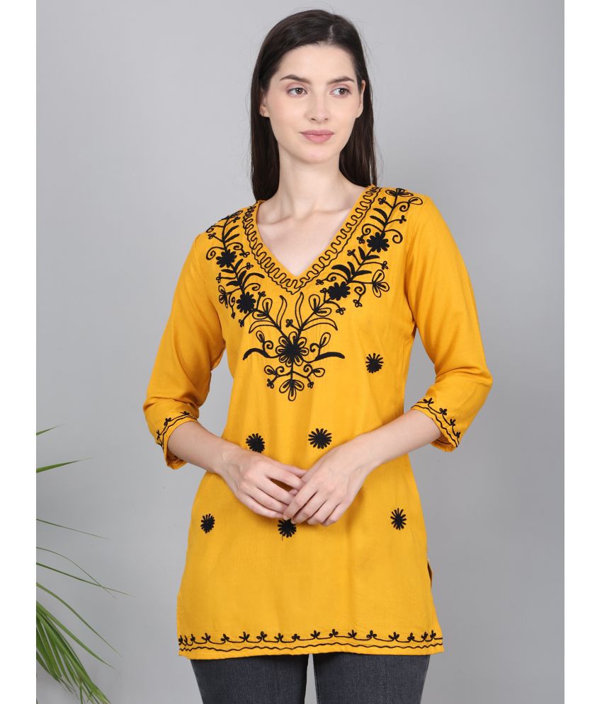     			Morewill Rayon Embroidered A-line Women's Kurti - Yellow ( Pack of 1 )