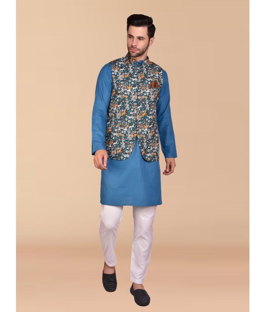     			PRINTCULTR Blue Cotton Regular Fit Men's Kurta Pyjama Set ( Pack of 1 )