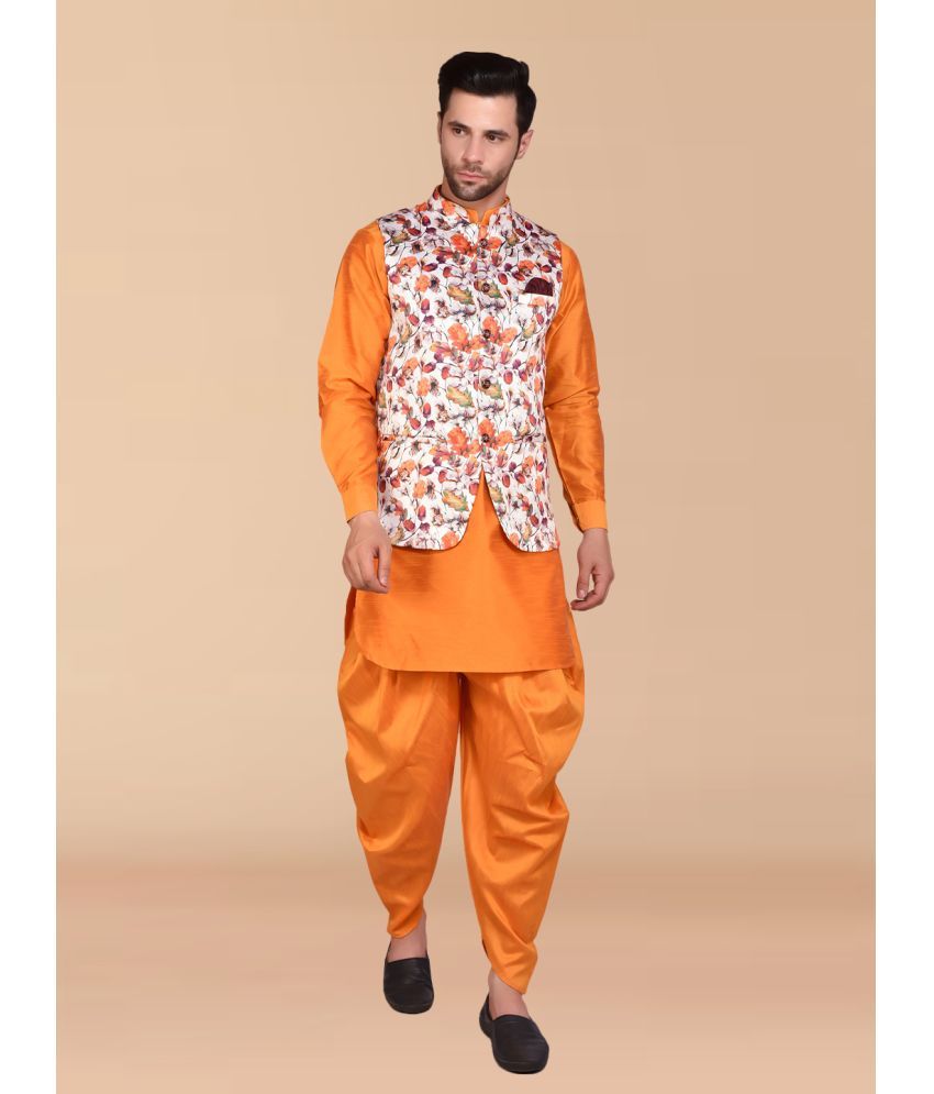     			PRINTCULTR Orange Silk Regular Fit Men's Dhoti Kurta Set ( Pack of 1 )