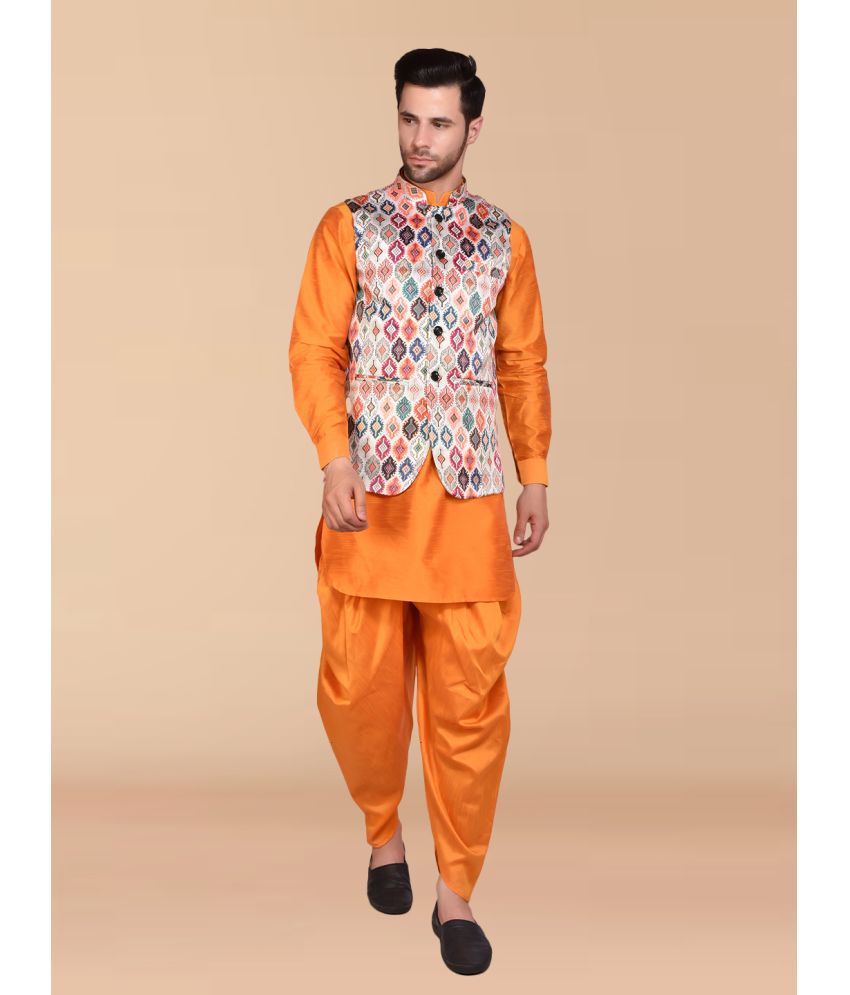    			PRINTCULTR Orange Silk Regular Fit Men's Dhoti Kurta Set ( Pack of 1 )