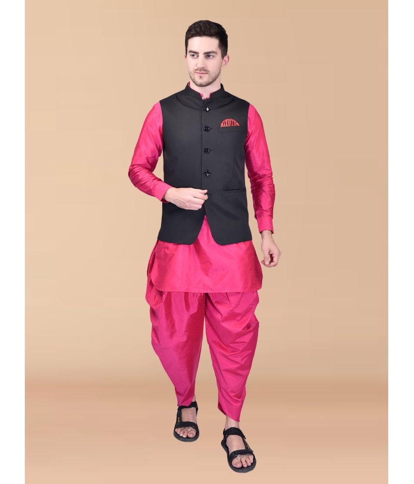     			PRINTCULTR Pink Silk Regular Fit Men's Dhoti Kurta Set ( Pack of 1 )