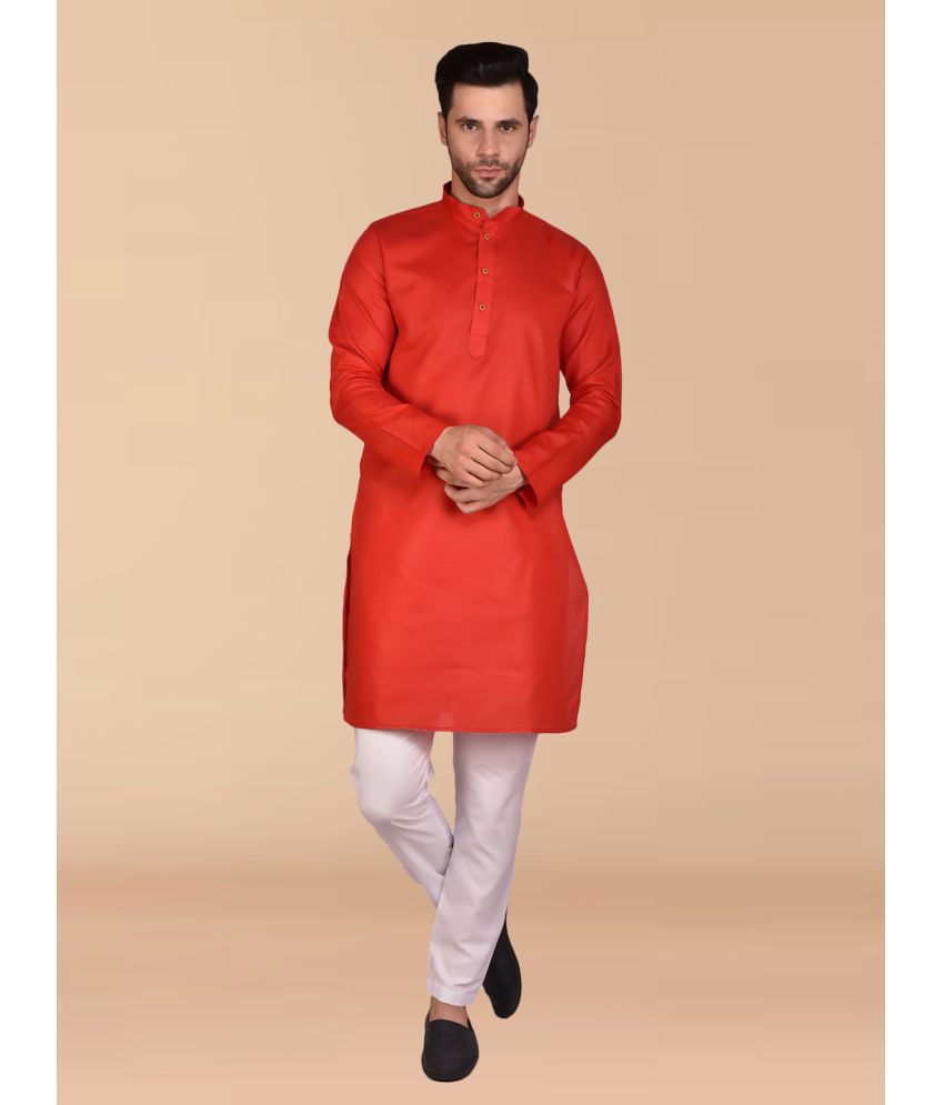     			PRINTCULTR Red Cotton Regular Fit Men's Kurta Pyjama Set ( Pack of 1 )