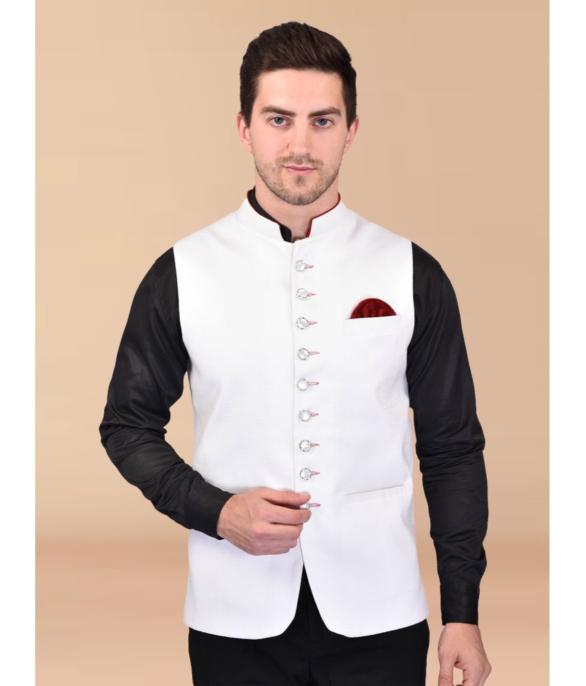     			PRINTCULTR White Cotton Blend Men's Nehru Jacket ( Pack of 1 )