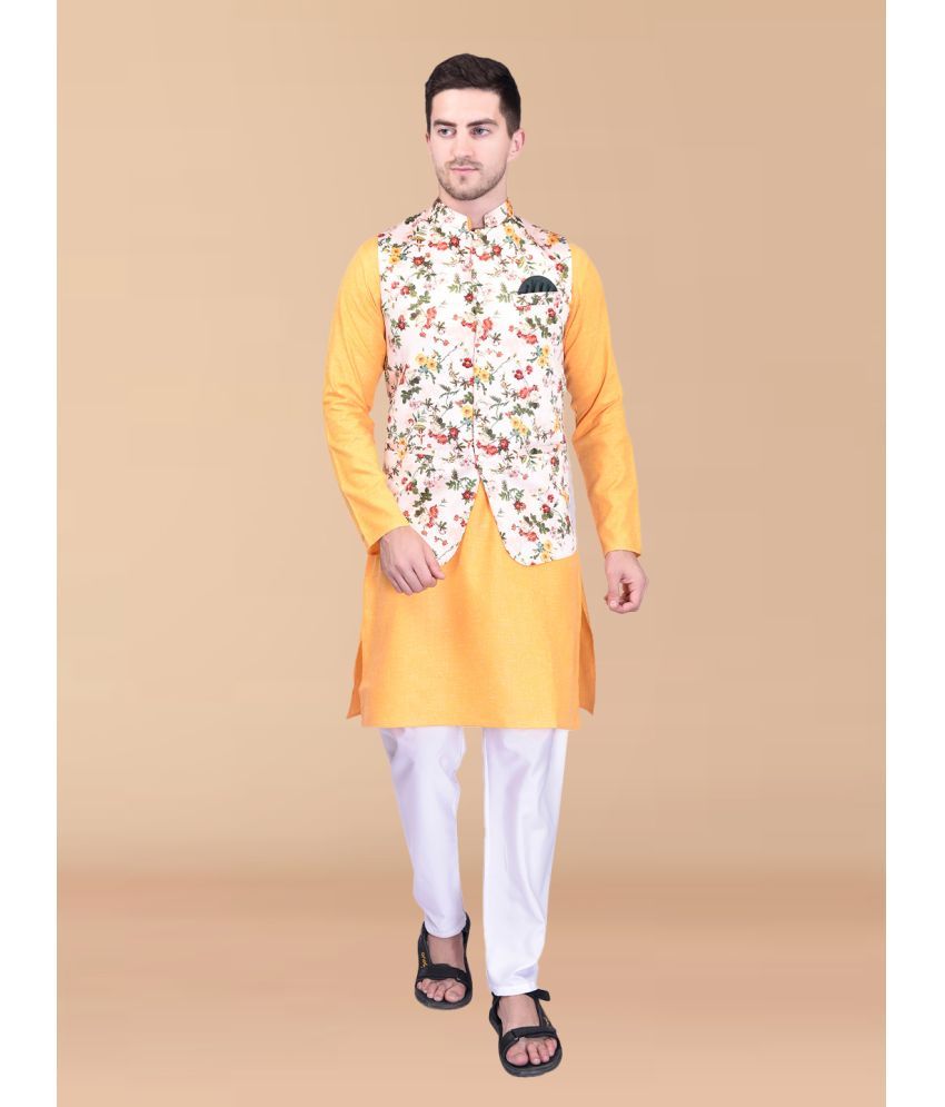     			PRINTCULTR Yellow Cotton Regular Fit Men's Kurta Pyjama Set ( Pack of 1 )