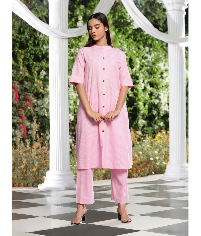     			Queenley Cotton Striped Straight Women's Kurti - Pink ( Pack of 1 )