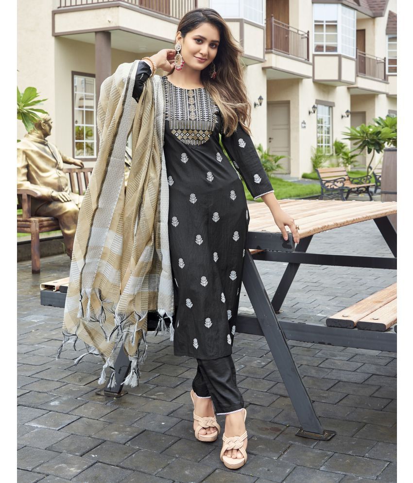     			Skylee Cotton Blend Printed Kurti With Pants Women's Stitched Salwar Suit - Black ( Pack of 1 )
