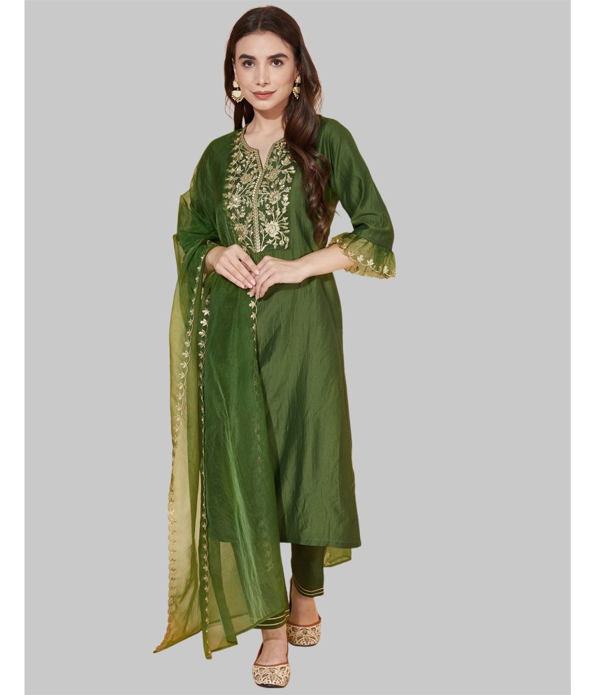     			Skylee Silk Blend Embroidered Kurti With Pants Women's Stitched Salwar Suit - Green ( Pack of 1 )