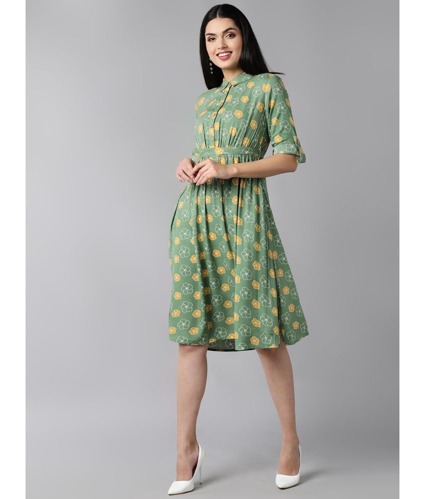     			Vaamsi Cotton Printed Knee Length Women's Fit & Flare Dress - Green ( Pack of 1 )