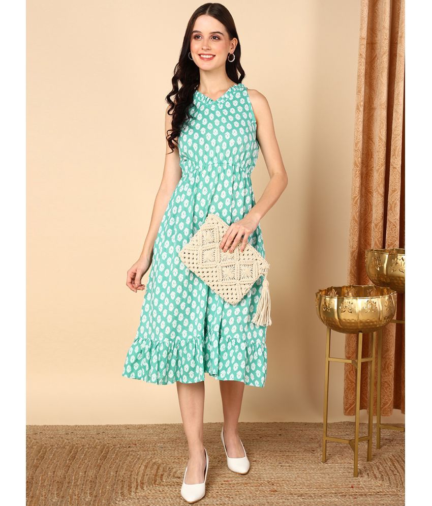     			Vaamsi Cotton Printed Knee Length Women's Fit & Flare Dress - Sea Green ( Pack of 1 )