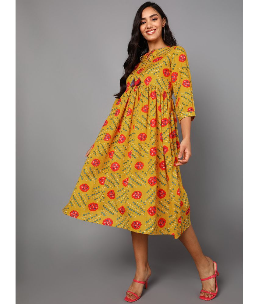     			Vaamsi Cotton Printed Midi Women's A-line Dress - Mustard ( Pack of 1 )