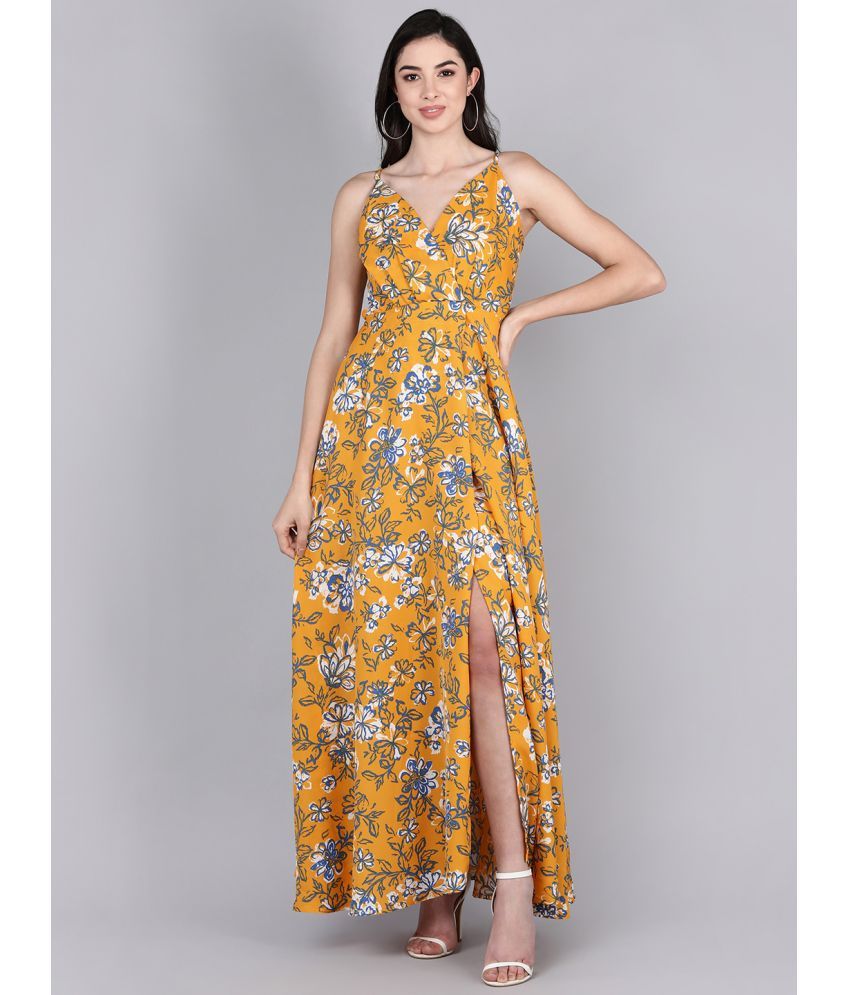     			Vaamsi Crepe Printed Full Length Women's Fit & Flare Dress - Mustard ( Pack of 1 )